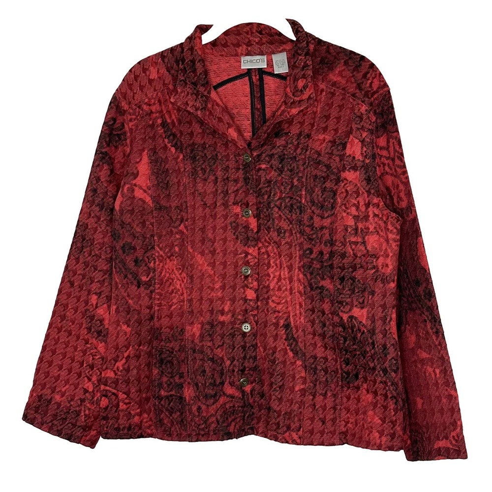 Chicos Womens Red Black Houndstooth Paisley Texture Career Blazer Sz 2 Large